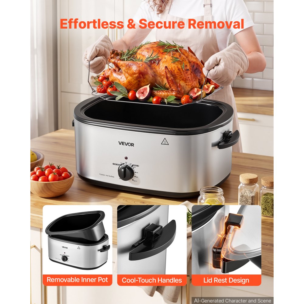 VEVOR Electric Roaster Oven, 24 Qt 1450W, Turkey Roasting Pan, 3 Food Trays, Buffet Server, Self-Basting Lid, 150-450°F Heat Control, Countertop Turkey Cooker with Roasting, Warming and Removable Rack