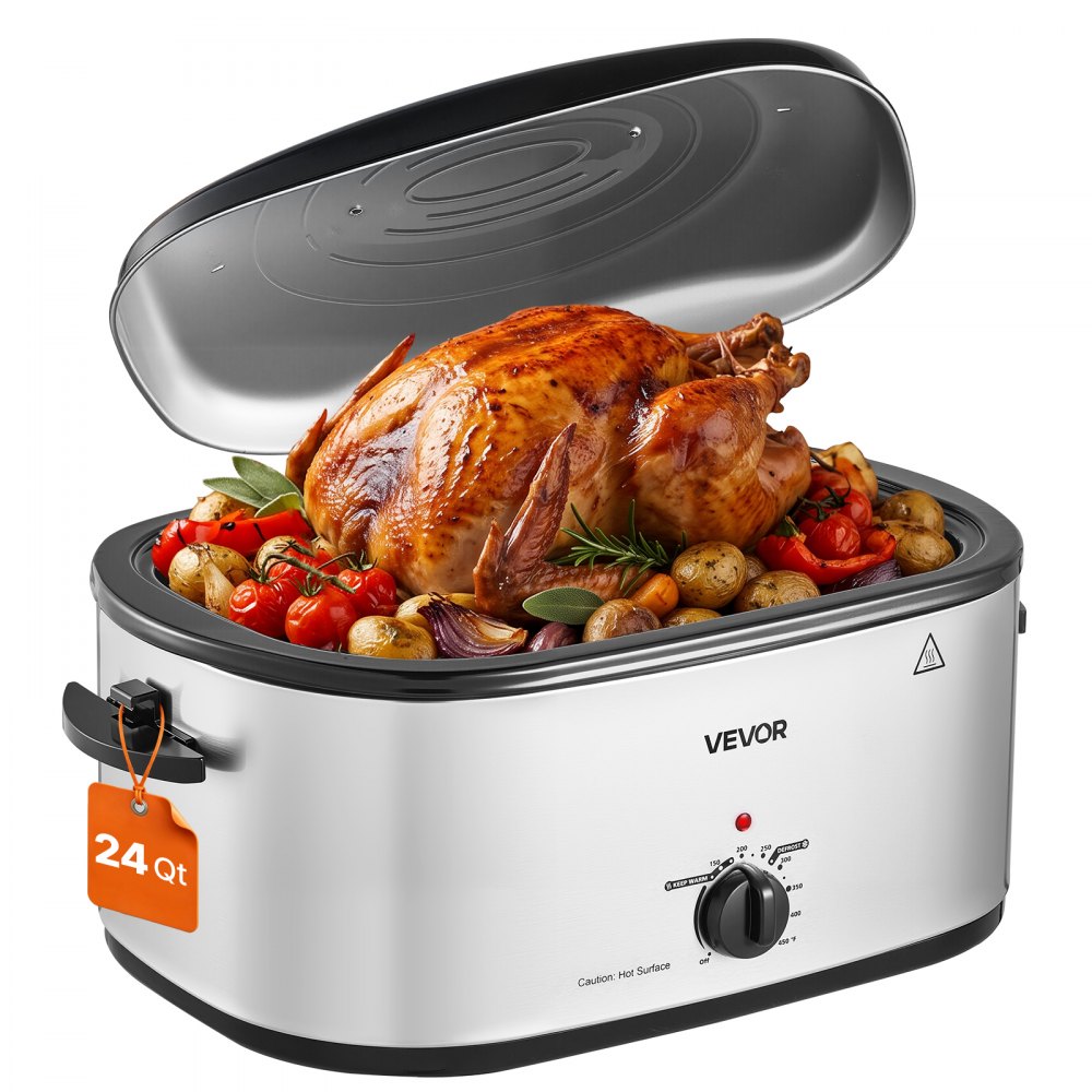 VEVOR Electric Roaster Oven, 24 Qt 1450W, Turkey Roasting Pan, 3 Food Trays, Buffet Server, Self-Basting Lid, 150-450°F Heat Control, Countertop Turkey Cooker with Roasting, Warming and Removable Rack