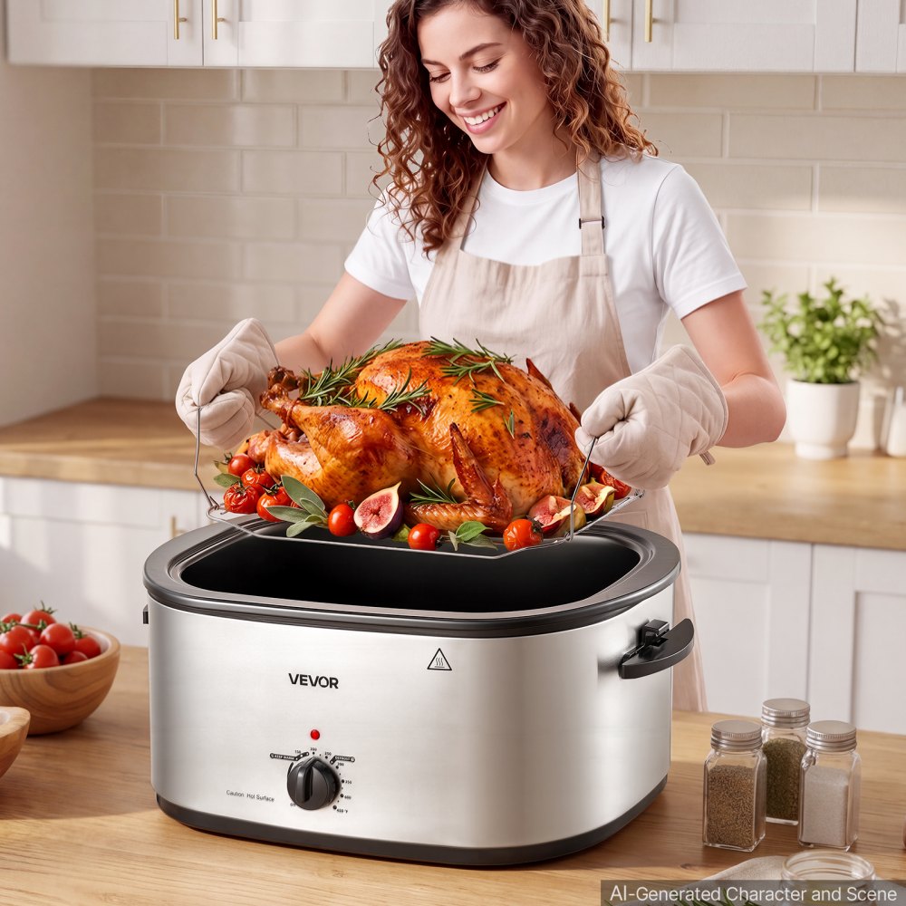 VEVOR Electric Roaster Oven, 26 Qt 1450W, Turkey Roasting Pan, Viewing Self-Basting Lid, 150-450°F Adjustable Heat, Countertop Turkey Cooker with Defrost and Warm Functions, Removable Pan and Rack