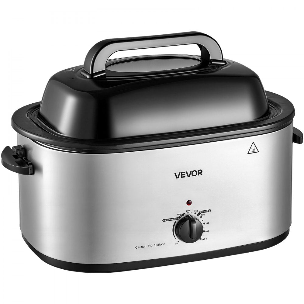 VEVOR Electric Roaster Oven, 26 Qt 1450W, Turkey Roasting Pan, Viewing Self-Basting Lid, 150-450°F Adjustable Heat, Countertop Turkey Cooker with Defrost and Warm Functions, Removable Pan and Rack