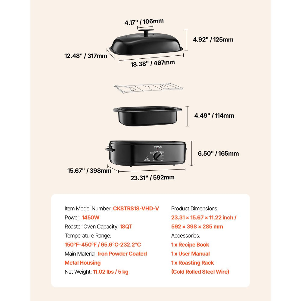 VEVOR Roaster Oven, 18QT Fast-Cooking Turkey Roaster, 150-450℉ Adjustable Temperature Turkey Oven with Self-Basting Lid, Removable Pan and Rack, Defrost & Warm Function, Electric Roasting Pan for Home