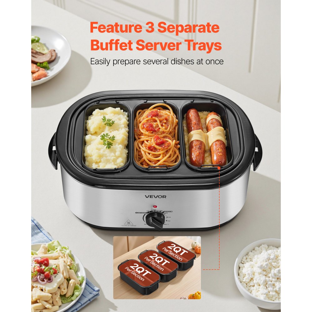 VEVOR Roaster Oven, 24QT Electric Turkey Roaster Oven, 150-450℉ Adjustable Temperature Electric Roasting Pan with 3 Bin Buffet Server, Self-Basting Lid, Defrost & Warm Function, Self-Basting Lid