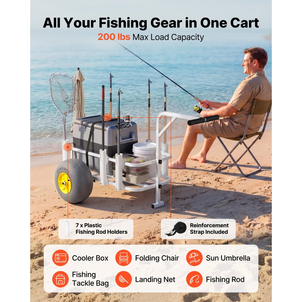 VEVOR Beach Fishing Cart 200 lbs Load Capacity Fishing Cart Wagon with Heavy-Duty Carbon Steel Frame 13-Inch All-Terrain Pu Balloon Tires 7 Rod
