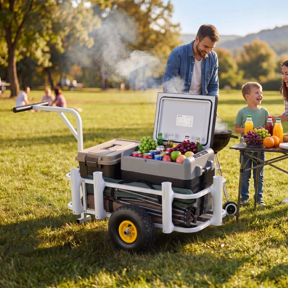 VEVOR Beach Fishing Cart, 200 lbs Load Capacity, Fishing Cart Wagon with Heavy-Duty Carbon Steel Frame, 11 in All-Terrain Tires, 7 Rod Holders, Easy to Clean, for Outdoor Activities Camping Picnic