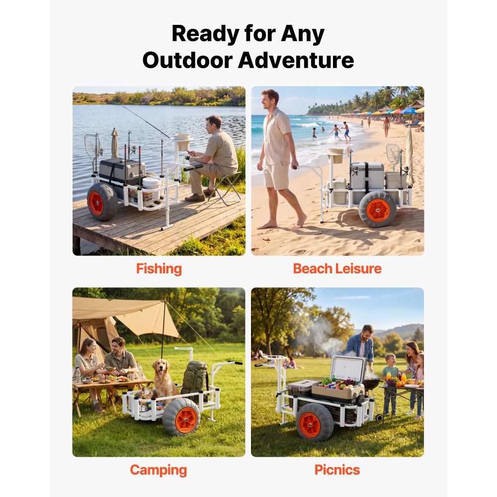 VEVOR Beach Fishing Cart, 350 lbs Load Capacity, Fishing Cart Wagon with Heavy-Duty Aluminum Alloy Frame, 16.5 in All-Terrain PU Balloon Tires, 8 Rod Holders, for Outdoor Activities Camping Picnic