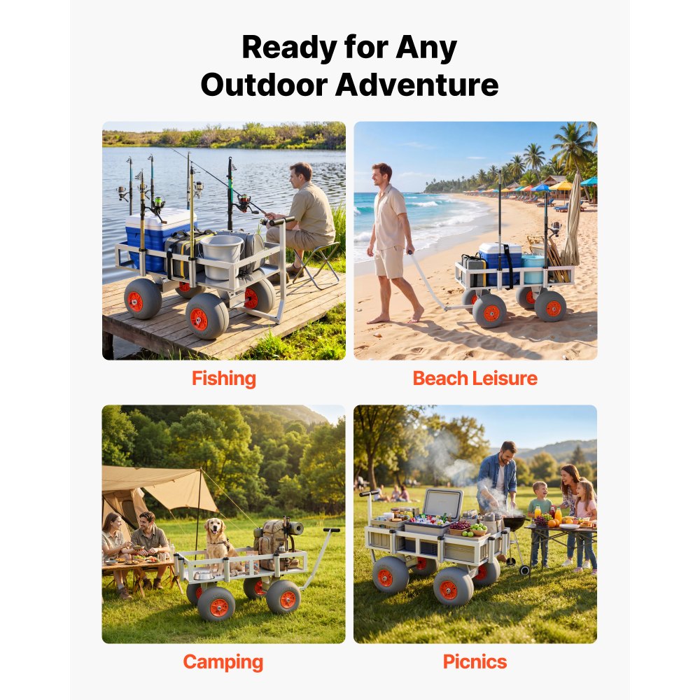 VEVOR Beach Fishing Cart, 350 lbs Load Capacity, Foldable Fishing Cart with Heavy-Duty Aluminum Alloy Frame, 13-Inch All-Terrain PU Balloon Tires, 6 Rod Holders, for Outdoor Activities Camping Picnic