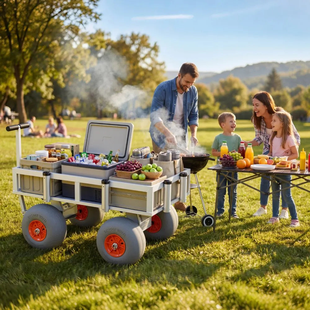 VEVOR Beach Fishing Cart, 350 lbs Load Capacity, Foldable Fishing Cart with Heavy-Duty Aluminum Alloy Frame, 13-Inch All-Terrain PU Balloon Tires, 6 Rod Holders, for Outdoor Activities Camping Picnic