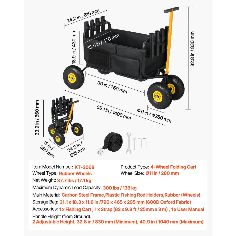 VEVOR Beach Fishing Cart, 300 lbs Load Capacity, Foldable Fishing Cart with Heavy-Duty Carbon Steel Frame, 11-Inch All-Terrain Tires, 8 Rod Holders, Strap, Easy to Clean, for Outdoor Camping Picnic
