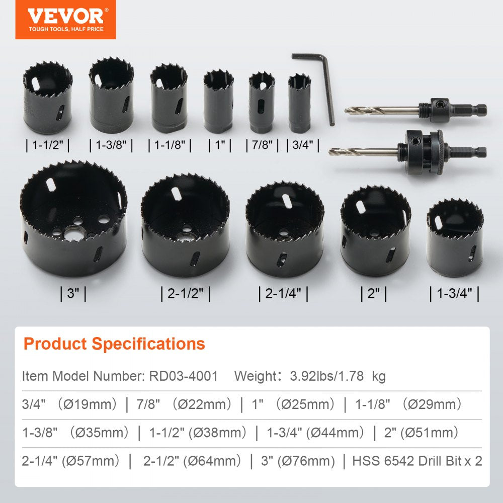 VEVOR Hole Saw Kit, 11 PCS Saw Blades, 2 Drill Bits, 1 Hex Wrench, General Purpose Size from 3/4" to 3", Bi Metal M42 Hole Saw Set with Carrying Case, Ideal for Wood Board, Plastic and Iron Plate