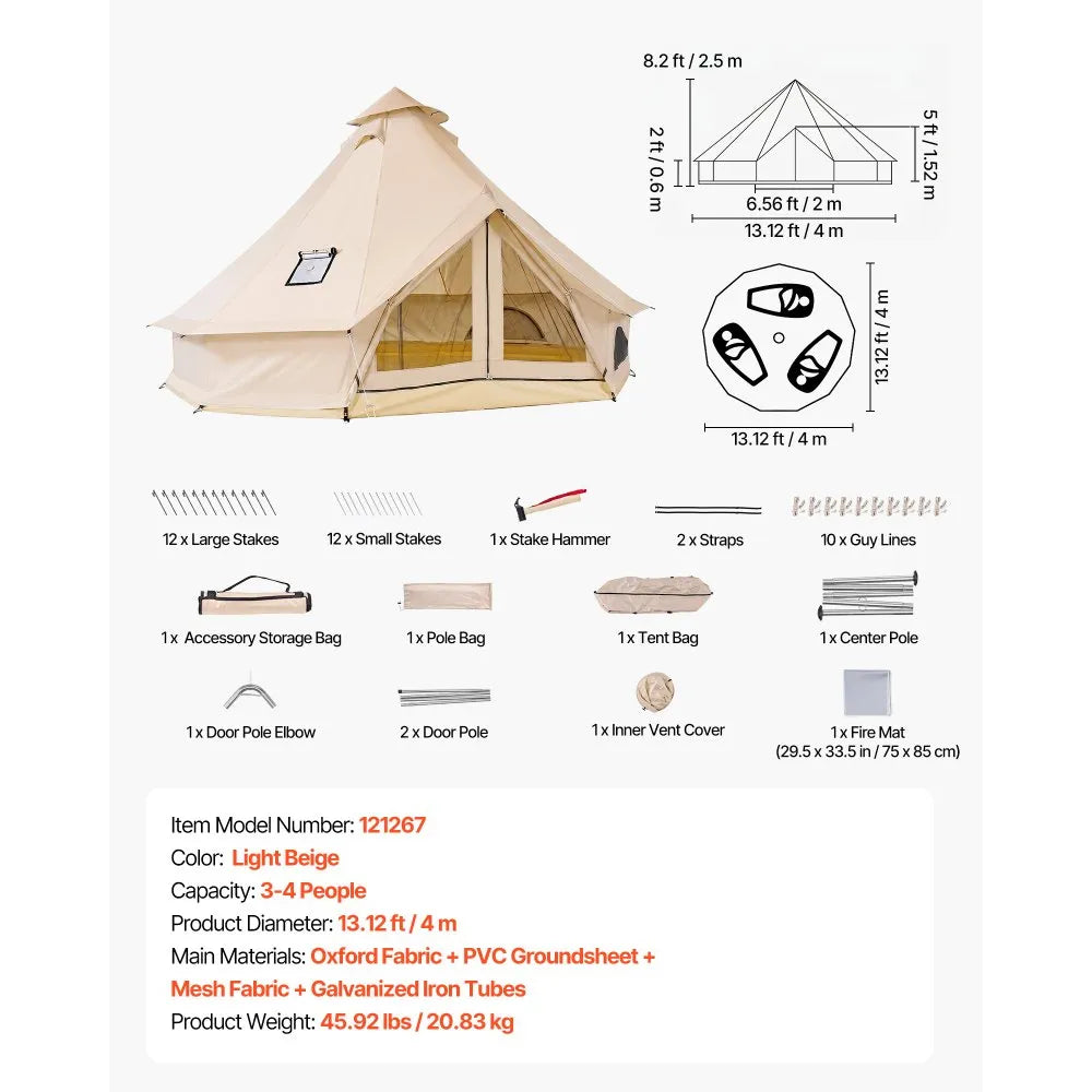 VEVOR Oxford Bell Tent, 4 Seasons 13.12 ft Yurt Tent for Camping with Stove Jack, Waterproof Breathable Holds up to 4 People with Zipped Detachable Floor, Family Camping Glamping Outdoor Hunting Party