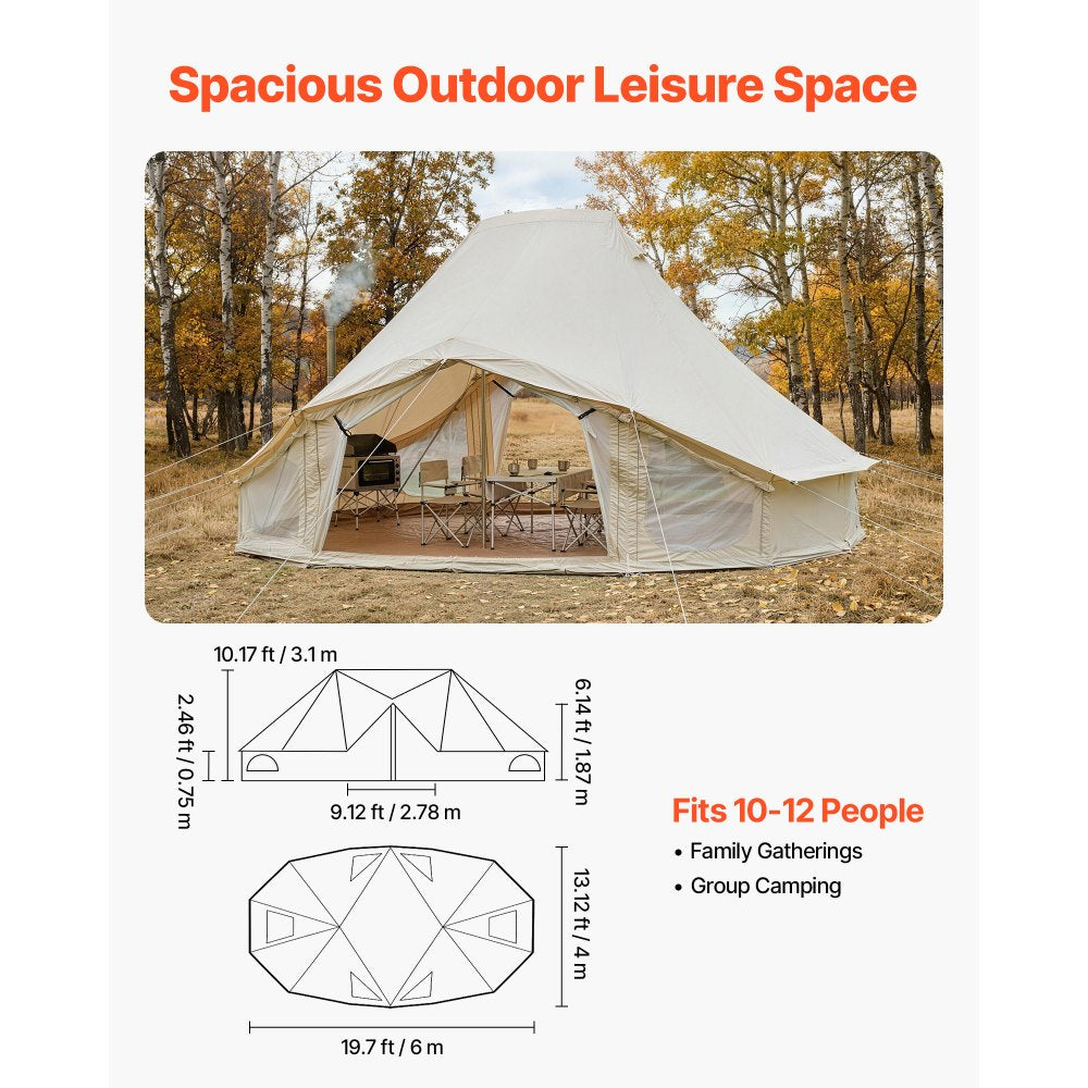 VEVOR Canvas Bell Tent, 4 Seasons 19.7 x 13.12 x 10.17 ft Yurt Tent for Camping with Stove Jack, Poly-Cotton Canvas Breathable Holds up to 12 People, for Family Camping Glamping Outdoor Hunting Party
