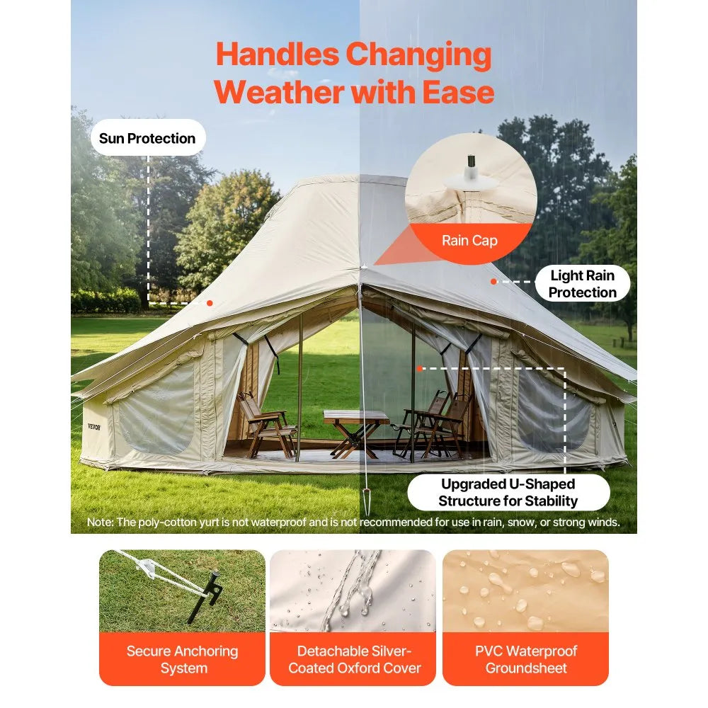 VEVOR Canvas Bell Tent, 4 Seasons 19.7 x 13.12 x 10.17 ft Yurt Tent for Camping with Stove Jack, Poly-Cotton Canvas Breathable Holds up to 12 People, for Family Camping Glamping Outdoor Hunting Party