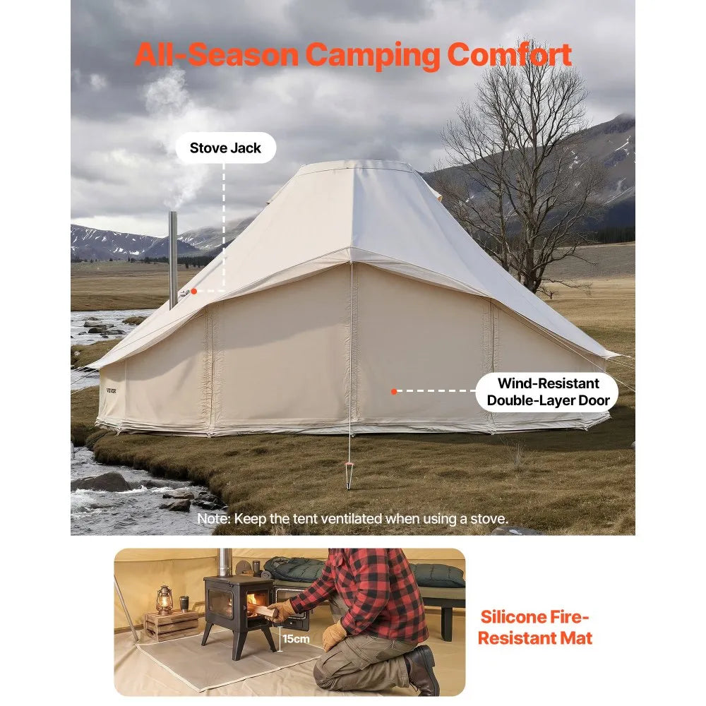 VEVOR Canvas Bell Tent, 4 Seasons 19.7 x 13.12 x 10.17 ft Yurt Tent for Camping with Stove Jack, Poly-Cotton Canvas Breathable Holds up to 12 People, for Family Camping Glamping Outdoor Hunting Party