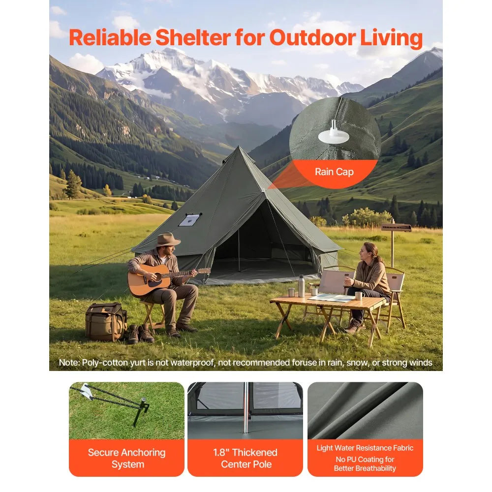 VEVOR Canvas Bell Tent, 4 Seasons 9.84 ft Yurt Tent for Camping with Stove Jack, Canvas Breathable Holds up to 3 People with Zipped Detachable Floor, for Family Camping Glamping Outdoor Hunting Party