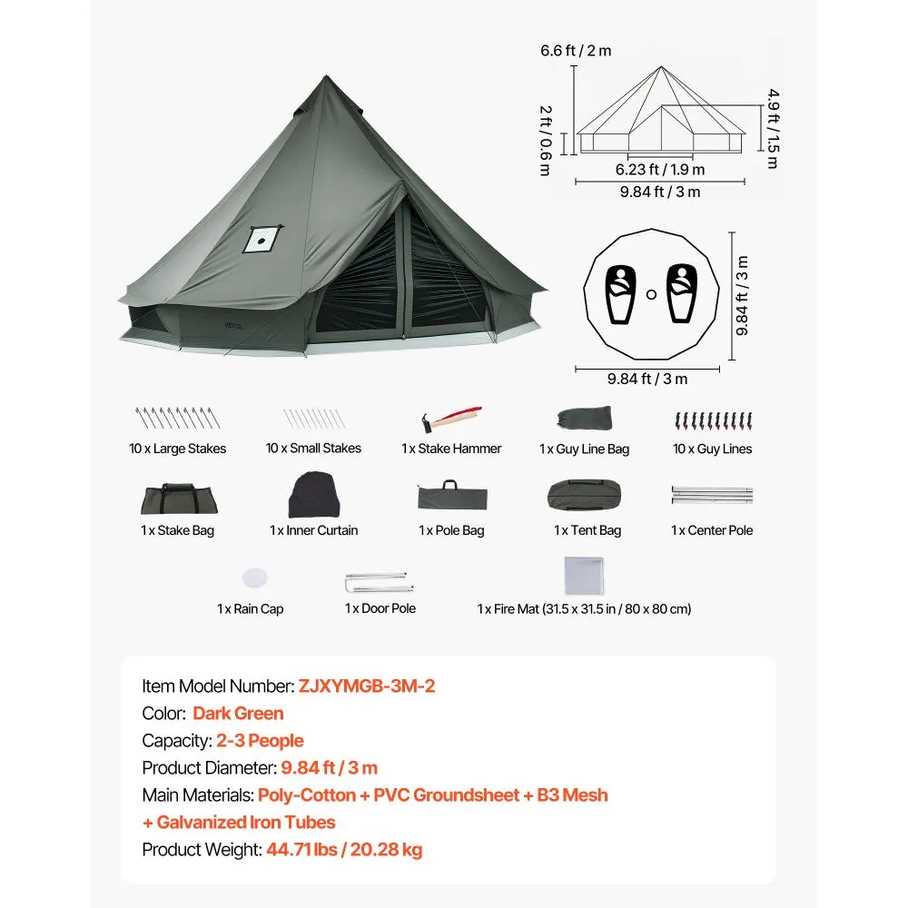 VEVOR Canvas Bell Tent, 4 Seasons 9.84 ft Yurt Tent for Camping with Stove Jack, Canvas Breathable Holds up to 3 People with Zipped Detachable Floor, for Family Camping Glamping Outdoor Hunting Party