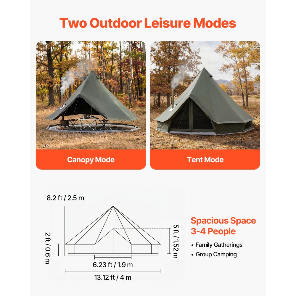 VEVOR Canvas Bell Tent, 4 Seasons 13.12 ft Yurt Tent for Camping with Stove Jack, Canvas Breathable Holds up to 4 People with Zipped Detachable Floor, for Family Camping Glamping Outdoor Hunting Party