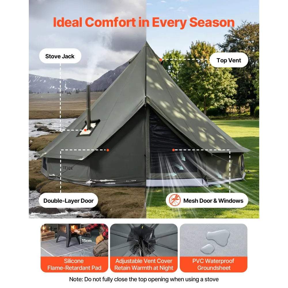 VEVOR Canvas Bell Tent, 4 Seasons 16.4 ft Yurt Tent for Camping with Stove Jack, Canvas Breathable Holds up to 7 People with Zipped Detachable Floor, for Family Camping Glamping Outdoor Hunting Party