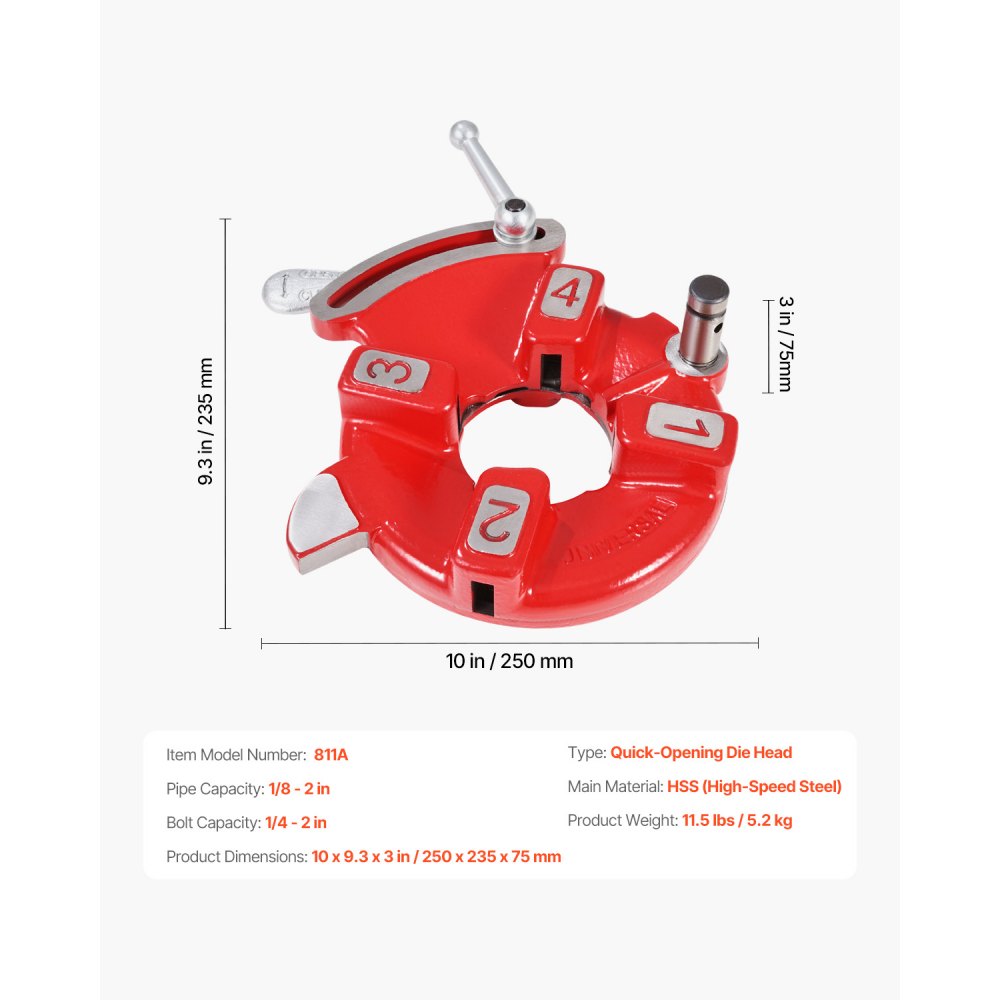 VEVOR Quick Opening Die Head, 1/8" to 2" Right-Handed Pipe Threading Head, 1/4" to 2" Threading Die Head for Bolt, Self-Oiling for Reducing Friction, Fit for RIDGID 97065, VEVOR Pipe Threading Machines