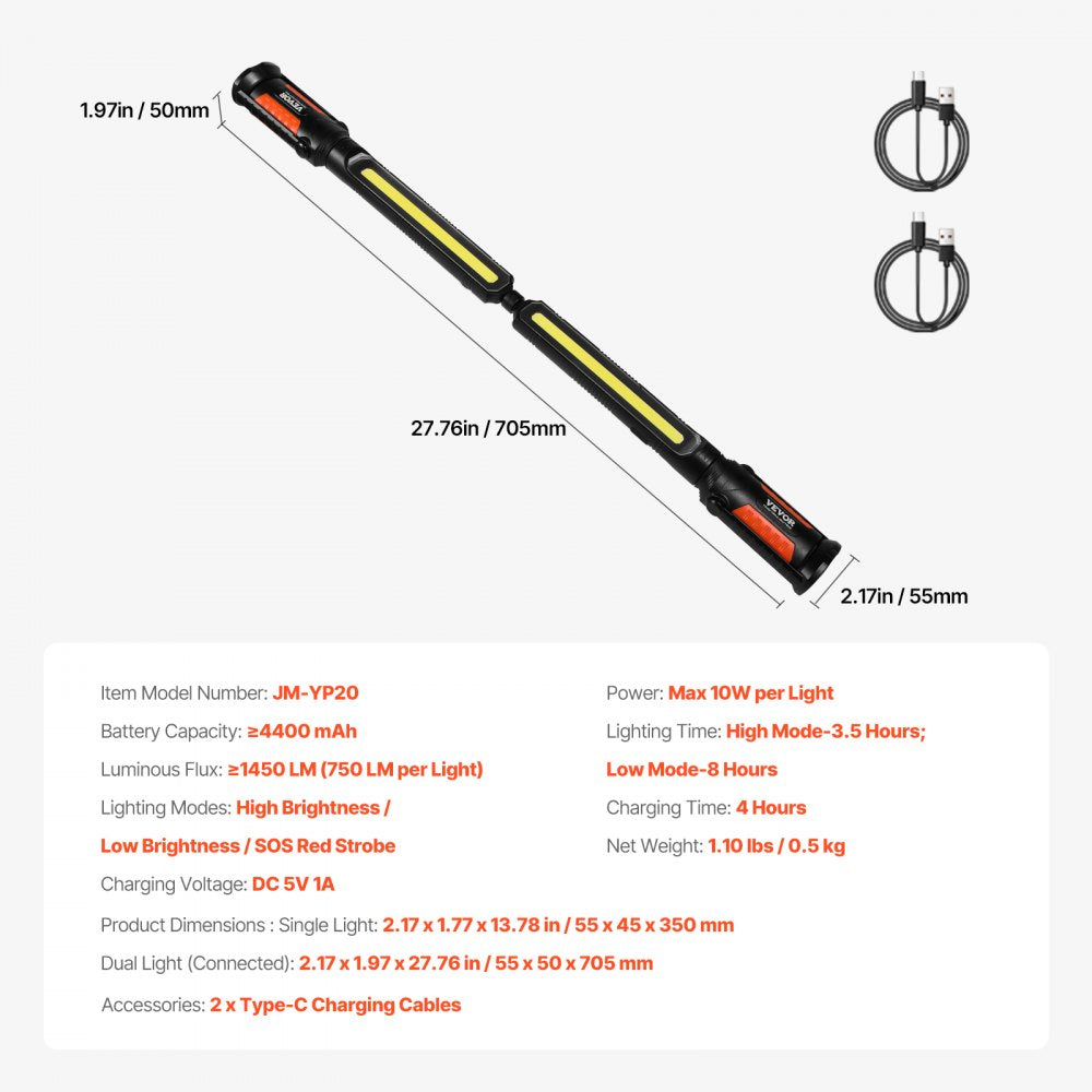 VEVOR Underhood Work Light, 1450LM, 4400mAh Rechargeable Magnetic Bright LED Light, Portable Cordless Mechanic Work Light Bar, for Car Repairing Inspection Garage Workshop Emergency Home Lighting