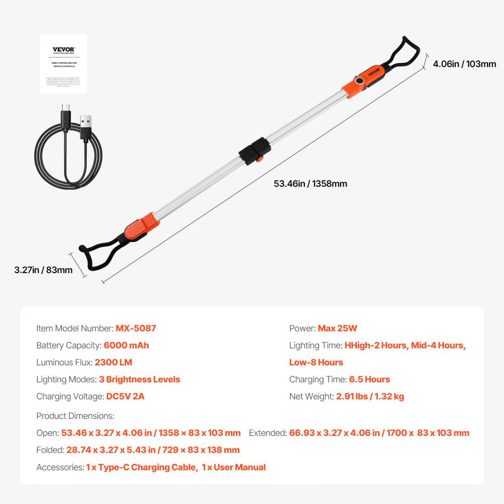 VEVOR Underhood Work Light, 2300LM, 6000mAh Rechargeable Bright LED Light, Portable Cordless Mechanic Work Light Bar with Hooks, for Car Repairing Inspection Garage Workshop Emergency Home Lighting