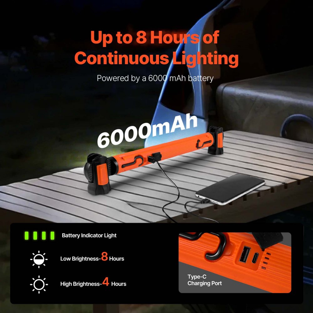 VEVOR Underhood Work Light, 1250LM, 6000mAh Rechargeable Magnetic Bright LED Light, Portable Cordless Mechanic Work Light Bar, for Car Repairing Inspection Garage Workshop Emergency Home Lighting