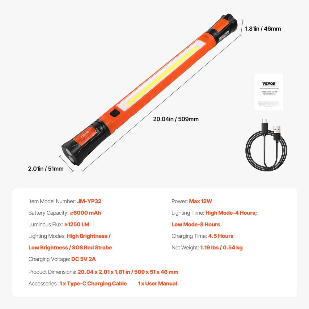 VEVOR Underhood Work Light, 1250LM, 6000mAh Rechargeable Magnetic Bright LED Light, Portable Cordless Mechanic Work Light Bar, for Car Repairing Inspection Garage Workshop Emergency Home Lighting