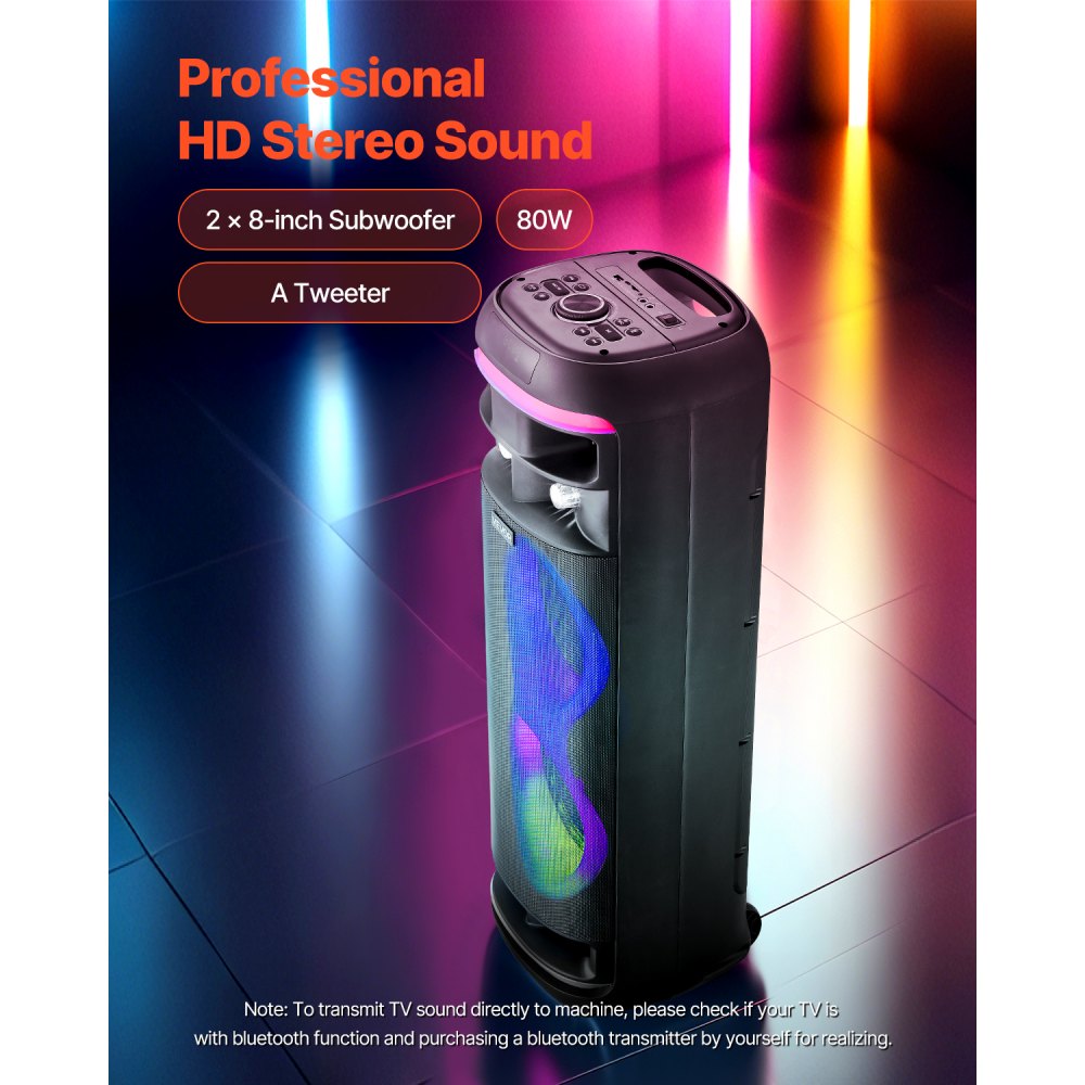 VEVOR Karaoke Machine for Adults, 80W, 8-inch Portable Bluetooth Speaker with 2 Wireless Microphones, LED Light, TWS Function, Rolling Wheels, Supports Micro TF Card, USB, AUX, for Home Karaoke Party