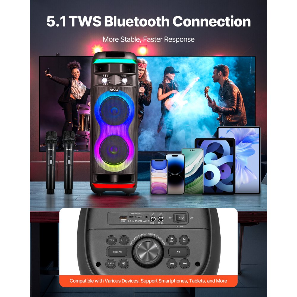 VEVOR Karaoke Machine for Adults, 80W, 8-inch Portable Bluetooth Speaker with 2 Wireless Microphones, LED Light, TWS Function, Rolling Wheels, Supports Micro TF Card, USB, AUX, for Home Karaoke Party
