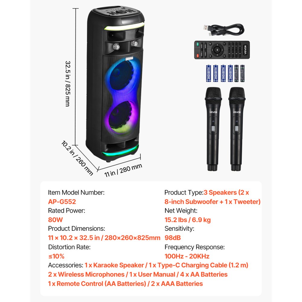 VEVOR Karaoke Machine for Adults, 80W, 8-inch Portable Bluetooth Speaker with 2 Wireless Microphones, LED Light, TWS Function, Rolling Wheels, Supports Micro TF Card, USB, AUX, for Home Karaoke Party