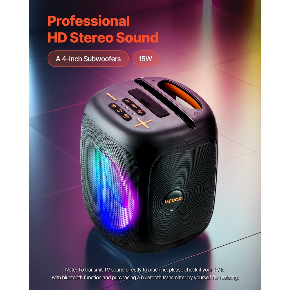 VEVOR Karaoke Machine for Adults, 15W, 4-inch Portable Bluetooth Speaker with 2 Wireless Microphones, LED Light, TWS Function, Handle, Supports Micro TF Card, USB, AUX, for Home Karaoke Party Singing