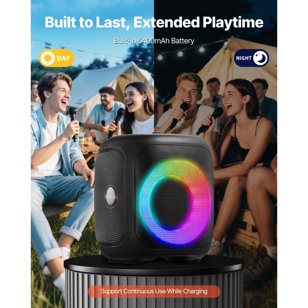 VEVOR Karaoke Machine for Adults, 15W, 4-inch Portable Bluetooth Speaker with 2 Wireless Microphones, LED Light, TWS Function, Handle, Supports Micro TF Card, USB, AUX, for Home Karaoke Party Singing