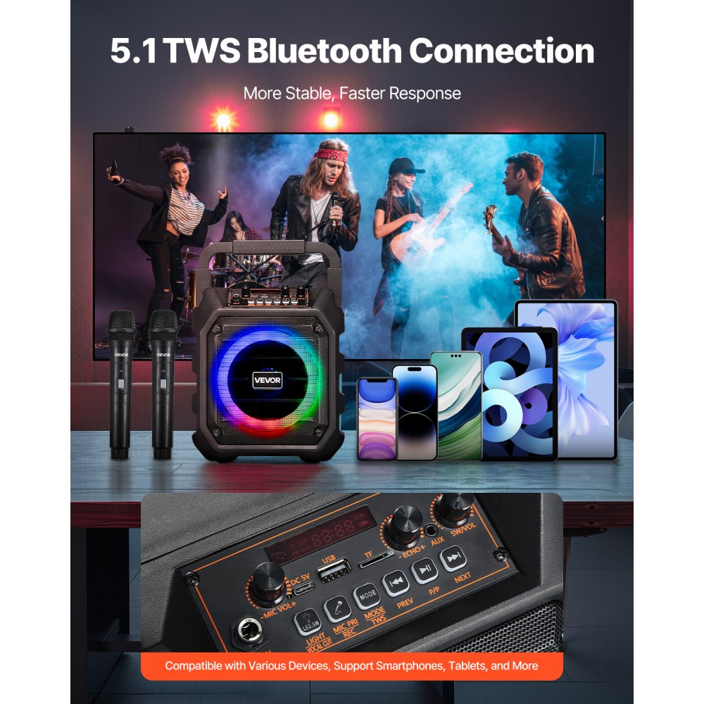 VEVOR Karaoke Machine for Adults, 20W, 6.5-inch Portable Bluetooth Speaker with 2 Wireless Microphones, LED Light, TWS Function, Handle, Shoulder Strap, Support Micro TF Card, USB, AUX, for Home Party