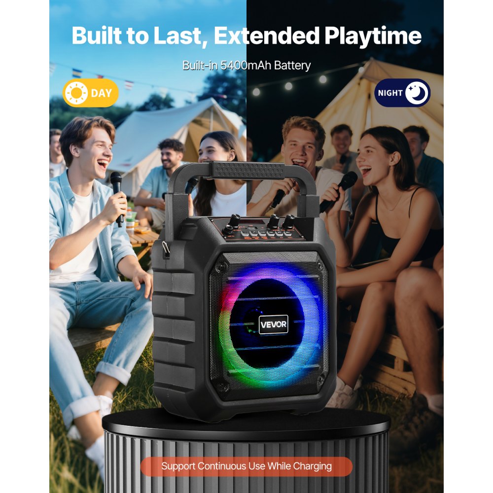 VEVOR Karaoke Machine for Adults, 20W, 6.5-inch Portable Bluetooth Speaker with 2 Wireless Microphones, LED Light, TWS Function, Handle, Shoulder Strap, Support Micro TF Card, USB, AUX, for Home Party