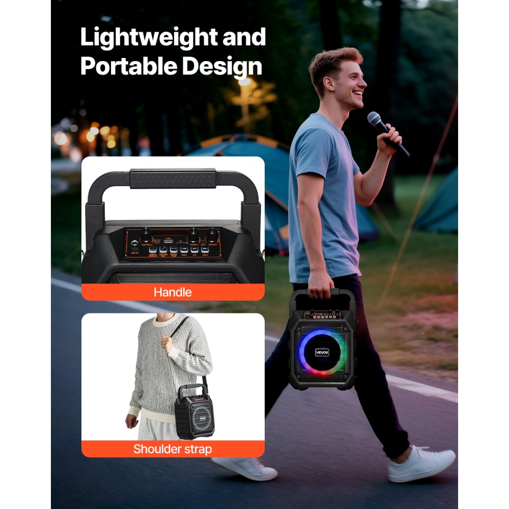 VEVOR Karaoke Machine for Adults, 20W, 6.5-inch Portable Bluetooth Speaker with 2 Wireless Microphones, LED Light, TWS Function, Handle, Shoulder Strap, Support Micro TF Card, USB, AUX, for Home Party
