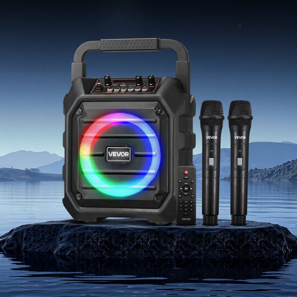 VEVOR Karaoke Machine for Adults, 20W, 6.5-inch Portable Bluetooth Speaker with 2 Wireless Microphones, LED Light, TWS Function, Handle, Shoulder Strap, Support Micro TF Card, USB, AUX, for Home Party