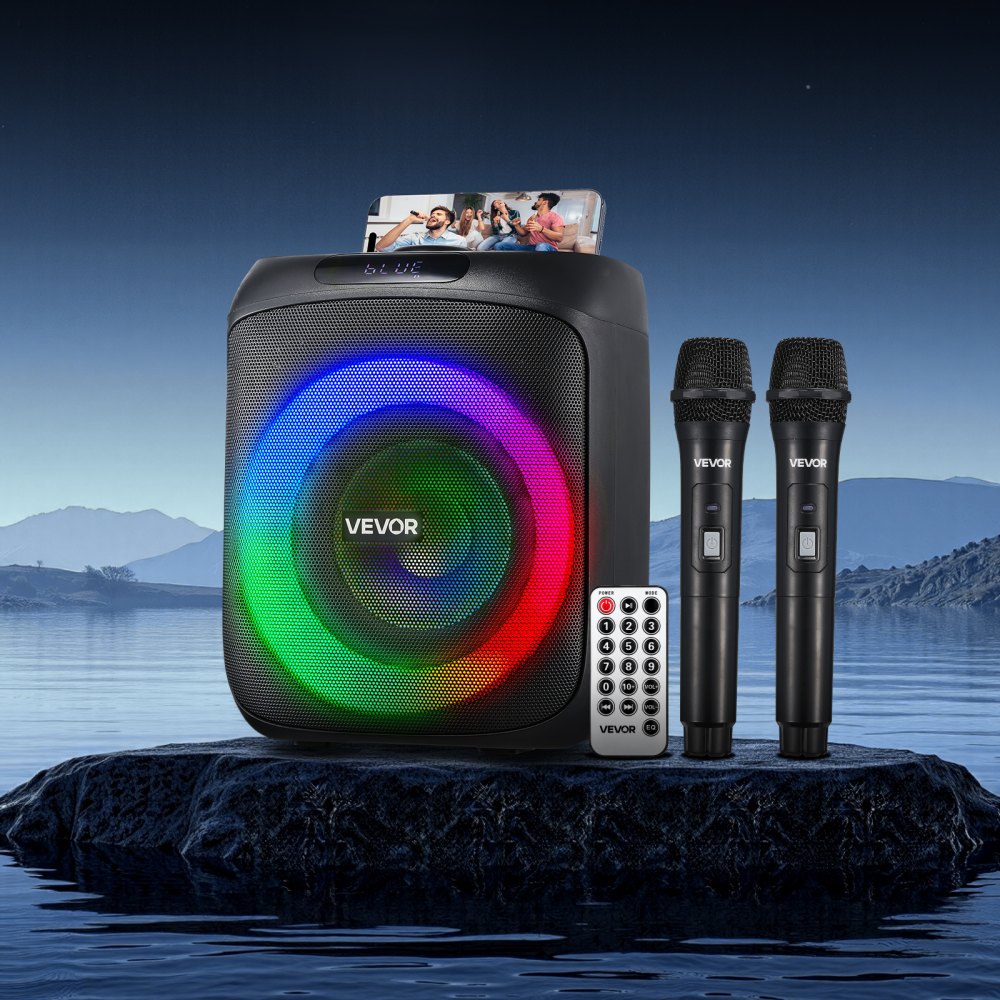 VEVOR Karaoke Machine for Adults, 30W, 6.5-inch Portable Bluetooth Speaker with 2 Wireless Microphones, LED Light, TWS Function, Handle, Support Micro TF Card, USB, AUX, for Home Karaoke Party Singing