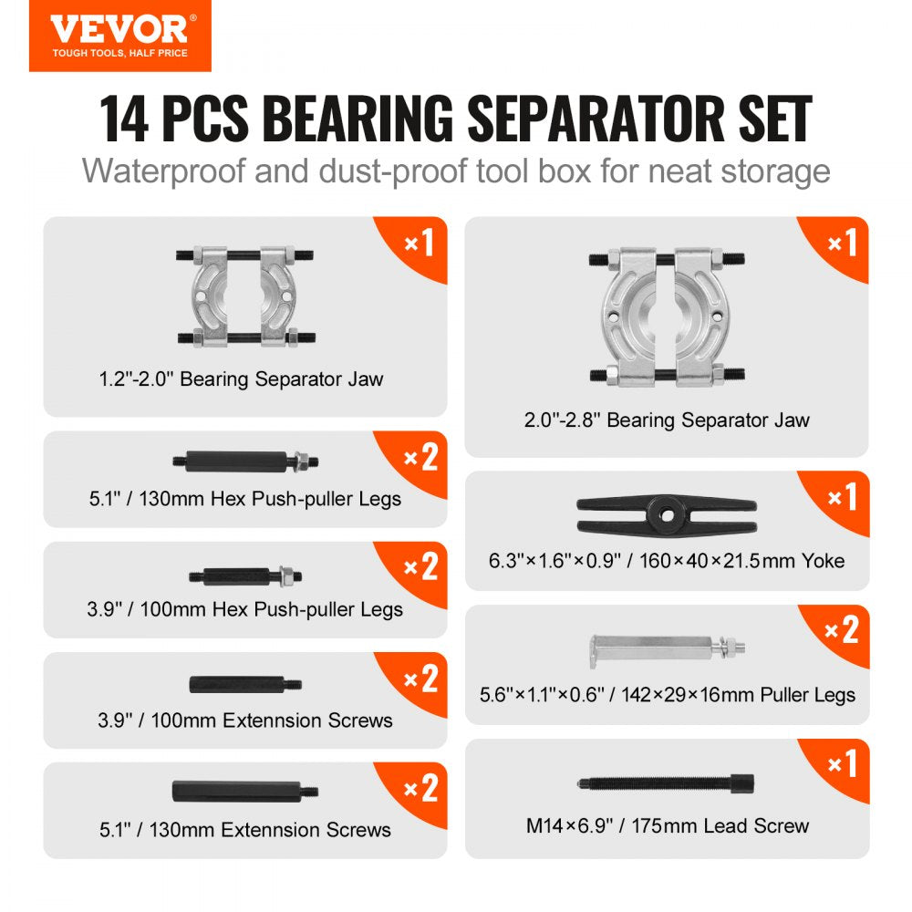 VEVOR Bearing Puller Kit 14-Piece, 5 Ton Bearing Separator, Pinion Wheel Bearing Removal Kit with 2" and 3" Jaws, Bearing Separator and Puller Set, Heavy Duty Bearing Splitter Tool Kit with Case