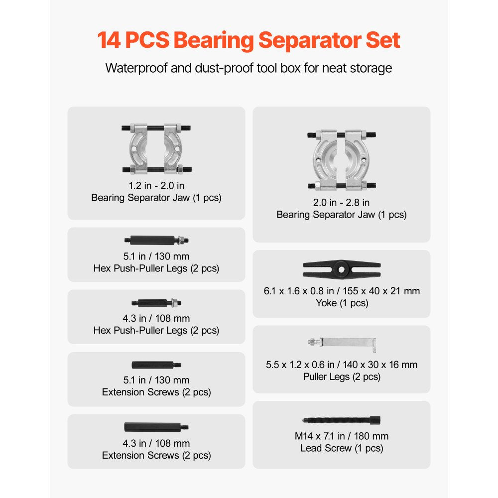 VEVOR Bearing Puller Kit, 14-Piece 5 Ton Capacity Bearing Separator, Pinion Wheel Bearing Removal Kit with 2-Inch and 2.8-Inch Jaws, Bearing Puller Set, Heavy Duty Bearing Splitter Tool Kit with Case