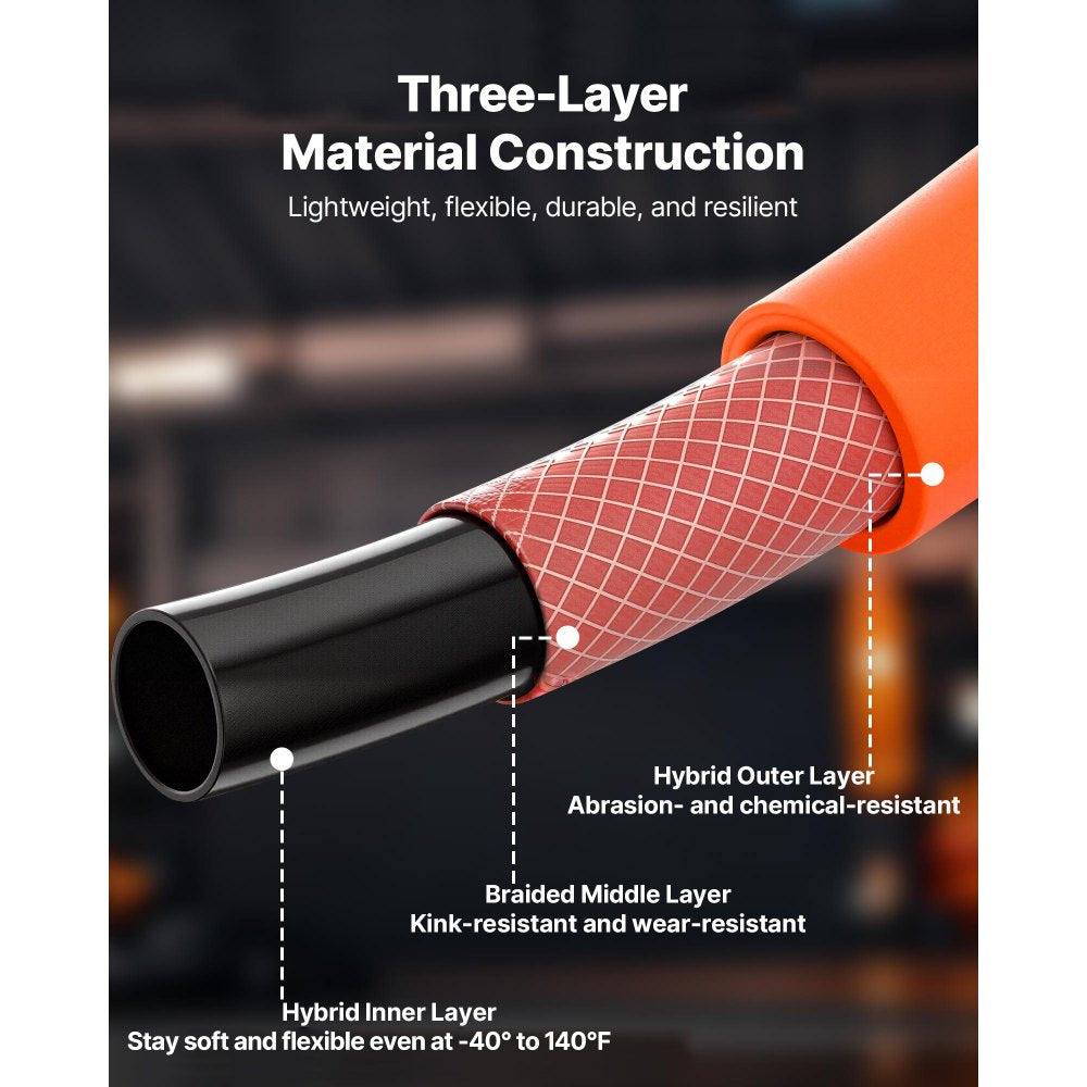 VEVOR Air Hose, 3/8'' x 25FT Hybrid Air Compressor Hose, 300 PSI Kink-Resistant Pneumatic Hoses with 1/4-inch Solid MNPT Bras Fittings, Three-Layer Construction, All-Weather Flexibility