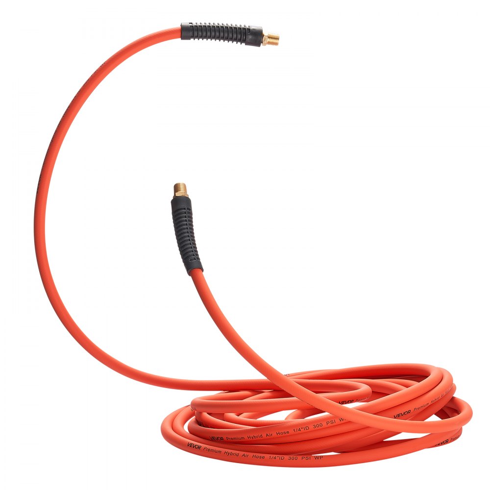 VEVOR Air Hose, 3/8'' x 25FT Hybrid Air Compressor Hose, 300 PSI Kink-Resistant Pneumatic Hoses with 1/4-inch Solid MNPT Bras Fittings, Three-Layer Construction, All-Weather Flexibility