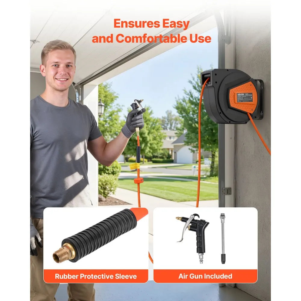 VEVOR Retractable Air Hose Reel, 1/4 Inch x 50 FT Hybrid Air Hose Max 300PSI, Enclosed Air-Compressor Hoses Reel Auto Rewind with 6.6 ft Lead in & Blow Gun, 180° Swivel Ceiling/Wall Mount