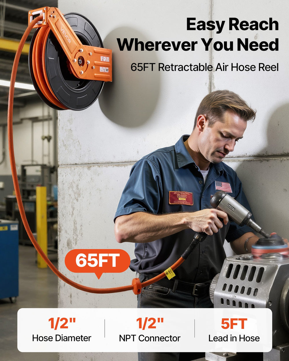 VEVOR Retractable Air Hose Reel, 1/2 Inch x 65 FT Rubber Air Hose Max 300PSI, Auto Rewind Air-Compressor Hoses Reel with 5 ft Lead in, Ceiling/Wall Mount for Garage Workshops