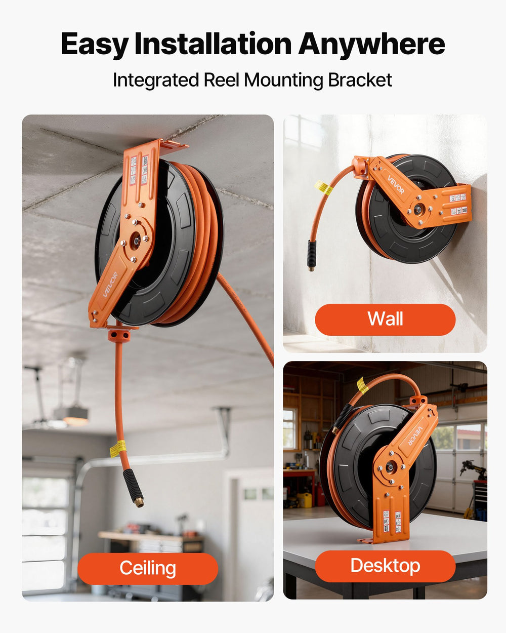 VEVOR Retractable Air Hose Reel, 1/2 Inch x 65 FT Rubber Air Hose Max 300PSI, Auto Rewind Air-Compressor Hoses Reel with 5 ft Lead in, Ceiling/Wall Mount for Garage Workshops