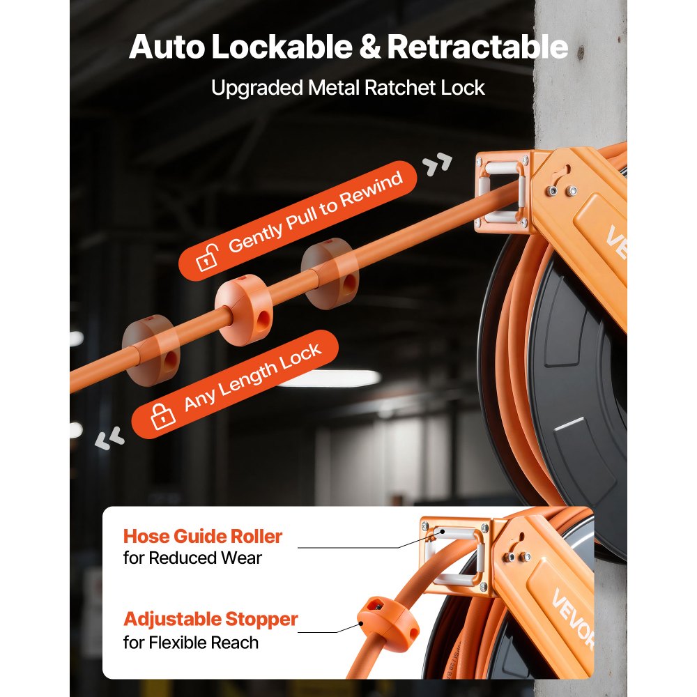 VEVOR Retractable Air Hose Reel, 1/2 Inch x 50 FT Rubber Air Hose Max 300PSI, Auto Rewind Air-Compressor Hoses Reel with 5 ft Lead in, Ceiling/Wall Mount for Garage Workshops