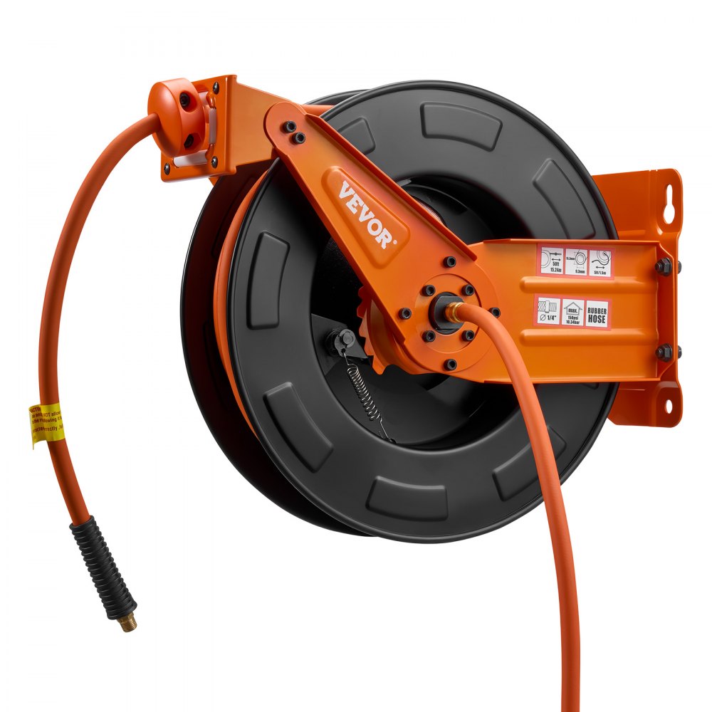 VEVOR Retractable Air Hose Reel, 3/8 Inch x 50 FT Rubber Air Hose Max 300PSI, Auto Rewind Air-Compressor Hoses Reel with 5 ft Lead in, Ceiling/Wall Mount Heavy Duty Steel Double Arm