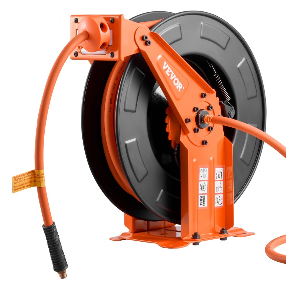VEVOR Retractable Air Hose Reel, 3/8 Inch x 50 FT Rubber Air Hose Max 300PSI, Auto Rewind Air-Compressor Hoses Reel with 5 ft Lead in, Ceiling/Wall Mount Heavy Duty Steel Double Arm