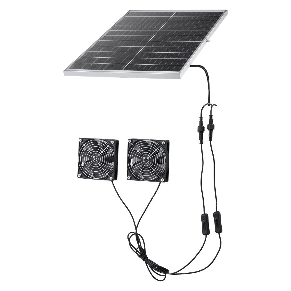 VEVOR Solar Powered Fan, 30W Solar Panel with 2 Fans, Adjustable Solar Panel Angle, 2668 RPM High-Speed, Flexible Installation, Fast Air Exchange for Greenhouse, Grow Tents, Chicken Coops, Shelters
