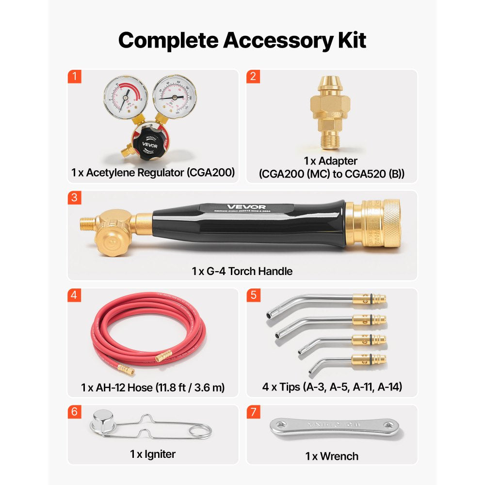 VEVOR Air Acetylene Torch Kit, Acetylene Gas Welding Tool with 11.8FT Rubber Hose, 4 Welding Tips & CGA200 Regulator, Swirl Frame Gas Brazing Torch Kit for Home DIY and Industrial Metalworking