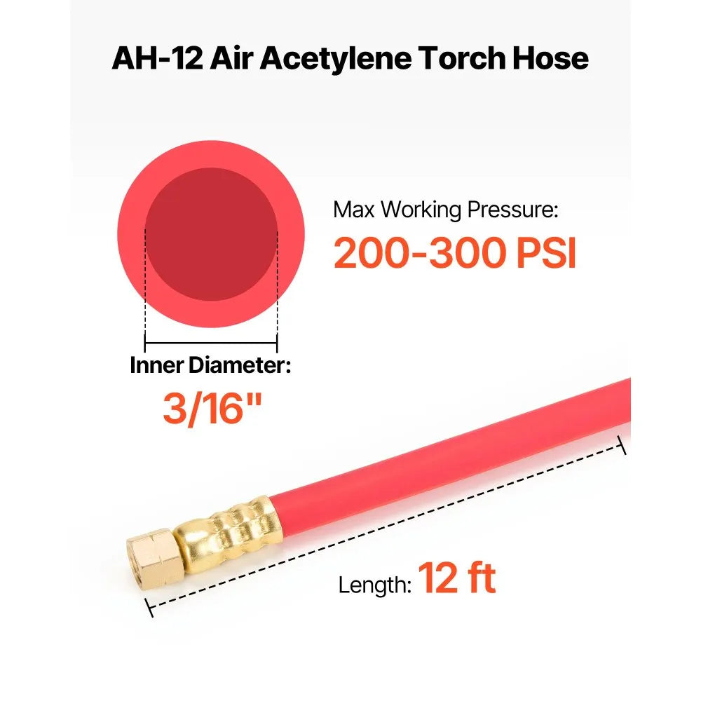 VEVOR Air Acetylene Torch Hose, 3/16-Inch x 12FT Acetylene Welding Hose with 3/8"-24 LH A-Type Fittings, AH-12 R Grade Welding Torchs Hose Compatible with AR-B/AR-MC Regulators