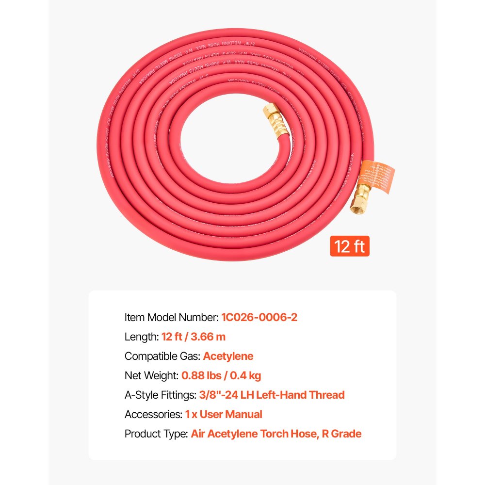 VEVOR Air Acetylene Torch Hose, 3/16-Inch x 12FT Acetylene Welding Hose with 3/8"-24 LH A-Type Fittings, AH-12 R Grade Welding Torchs Hose Compatible with AR-B/AR-MC Regulators